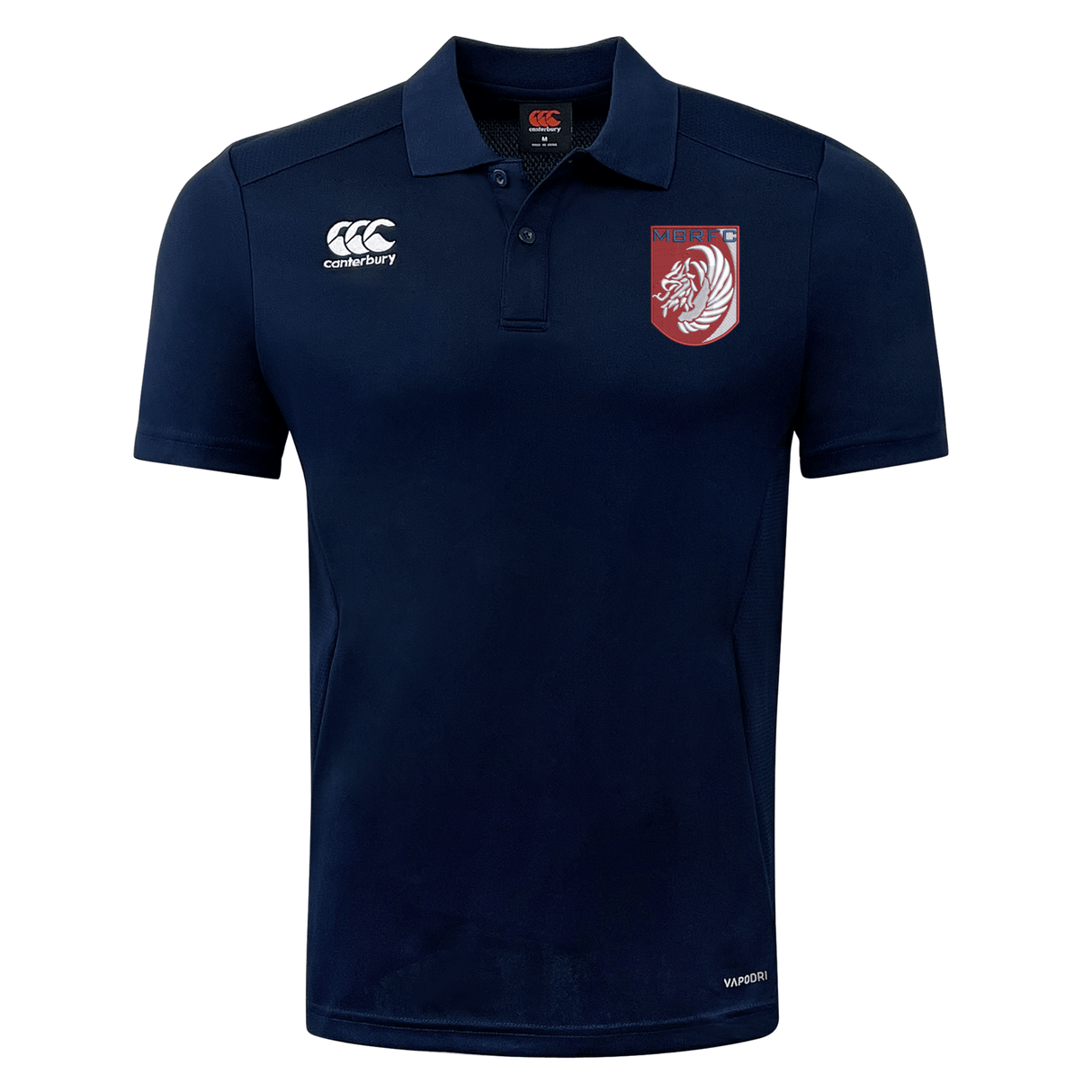 The Montgomery Bucks Griffins Club Dry Polo by EMB Canterbury is a navy short-sleeve polo with a red and white lion crest, Vapodri tech for breathability, and Canterbury logos on the right chest and lower left side.