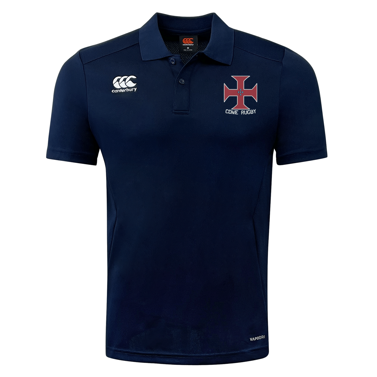 The SF CDME Rugby Club Dry Polo by Canterbury is a navy blue short-sleeve polo featuring a collar and Vapodri Technology for superior comfort and moisture management. Designed for breathability, this EMB Canterbury shirt displays the Canterbury logo on the right chest and a cross emblem with "CDME RUGBY" on the left chest.