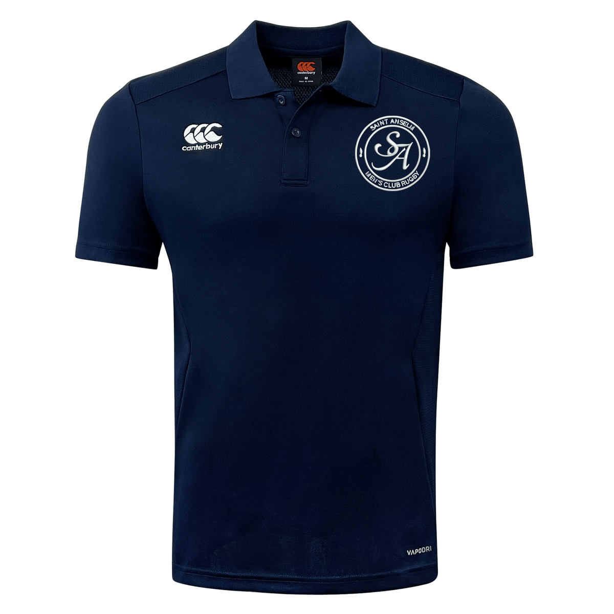 The Saint Anselm College Club Rugby Club Dry Polo by EMB Canterbury is a navy blue short-sleeve polo with Vapodri Technology, a white embroidered logo on the left chest, and two white brand logos on the chest and right sleeve.