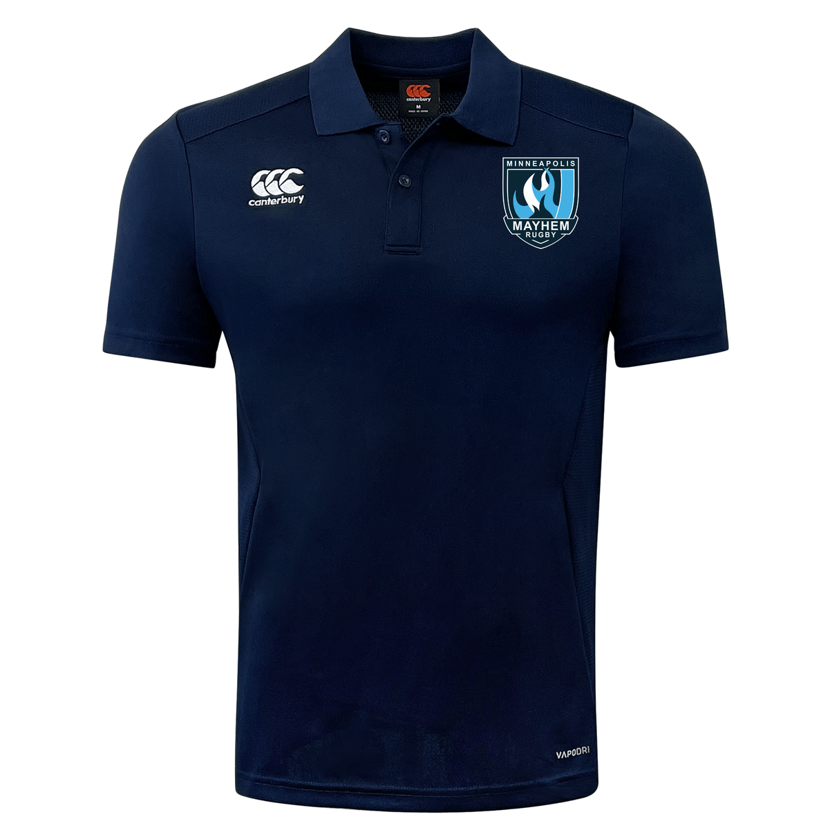 The Minneapolis Mayhem Rugby Club Dry Polo by Canterbury, from EMB Canterbury, is a navy blue short-sleeve polo featuring Vapodri Technology for enhanced comfort. It displays two white logos on the chest and a distinctive blue-and-white Minneapolis Mayhem badge on the left side, making it an ideal breathable option for active wear.
