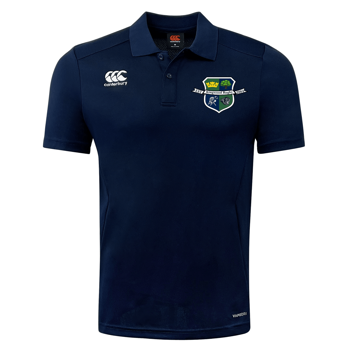 The Kingwood Rugby Club Dry Polo by EMB Canterbury features Vapodri technology, a collar, button placket, embroidered logos on both chests, and a team crest for a stylish, breathable fit.