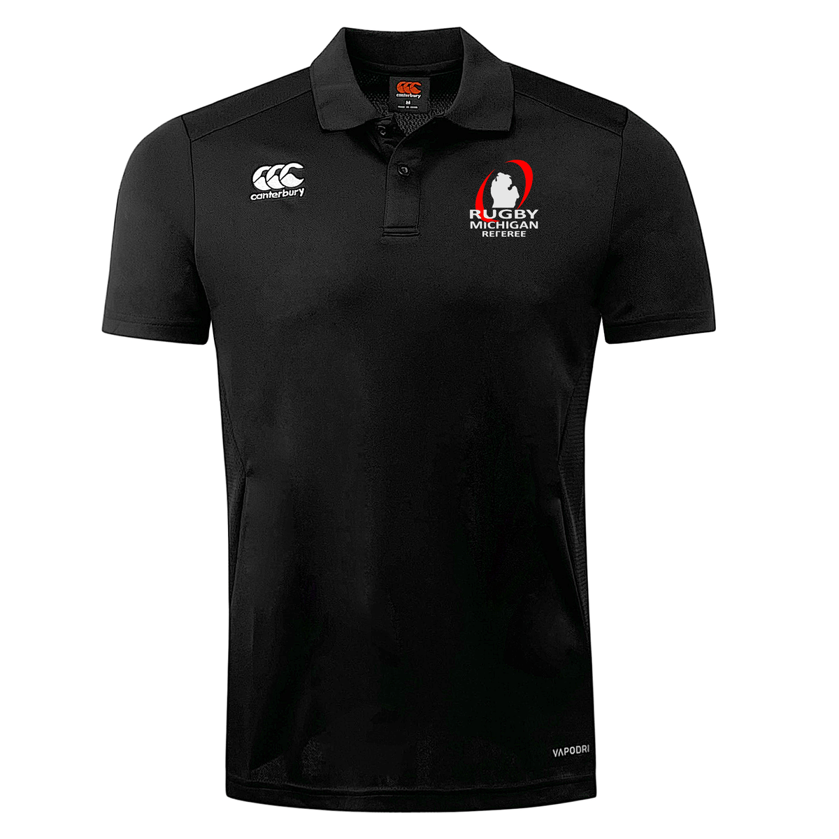 The Rugby Michigan Referee Society Club Dry Polo by EMB Canterbury showcases a "Rugby Michigan Referee" logo on the chest, complete with a vivid red graphic of a hand grasping a rugby ball. Designed with Vapodri Technology, this breathable polo offers both comfort and style for every game.