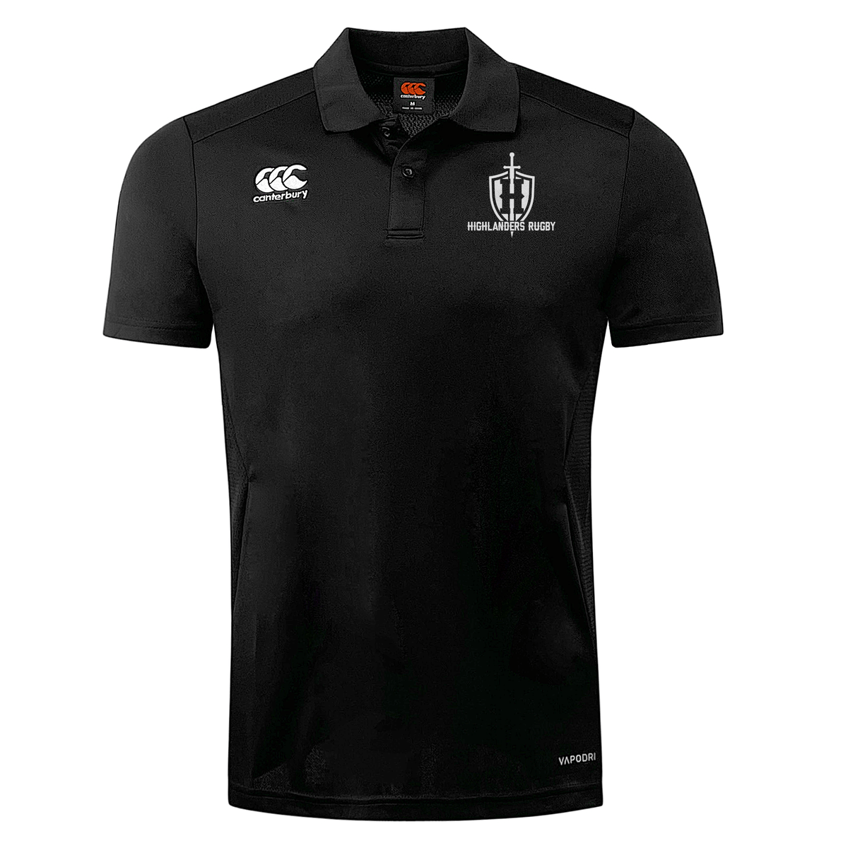 Highlanders Rugby NC Club Dry Polo by EMB Canterbury in black, featuring "Highlands Rugby" and a sword-emblem on the left chest, the Canterbury logo on the right chest, and equipped with Vapodri technology for enhanced breathability.