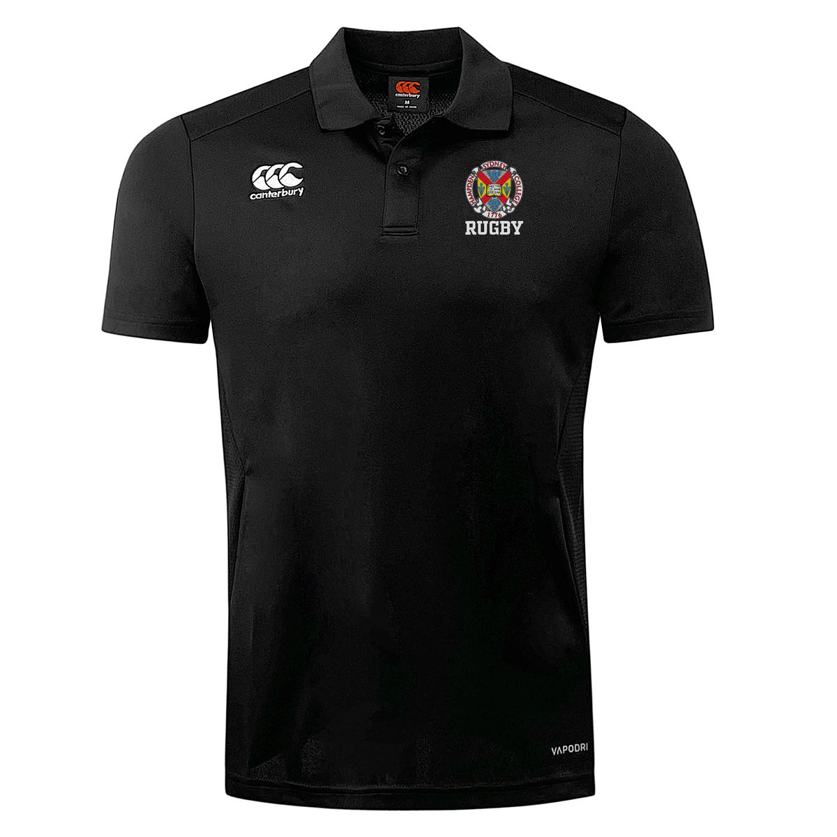 The Hampden Sydney College Club Dry Polo by EMB Canterbury is a black short-sleeve polo shirt with front buttons, featuring a rugby logo on the left chest and a Canterbury logo on the right chest. This polo utilizes breathable Vapodri technology to ensure all-day comfort.