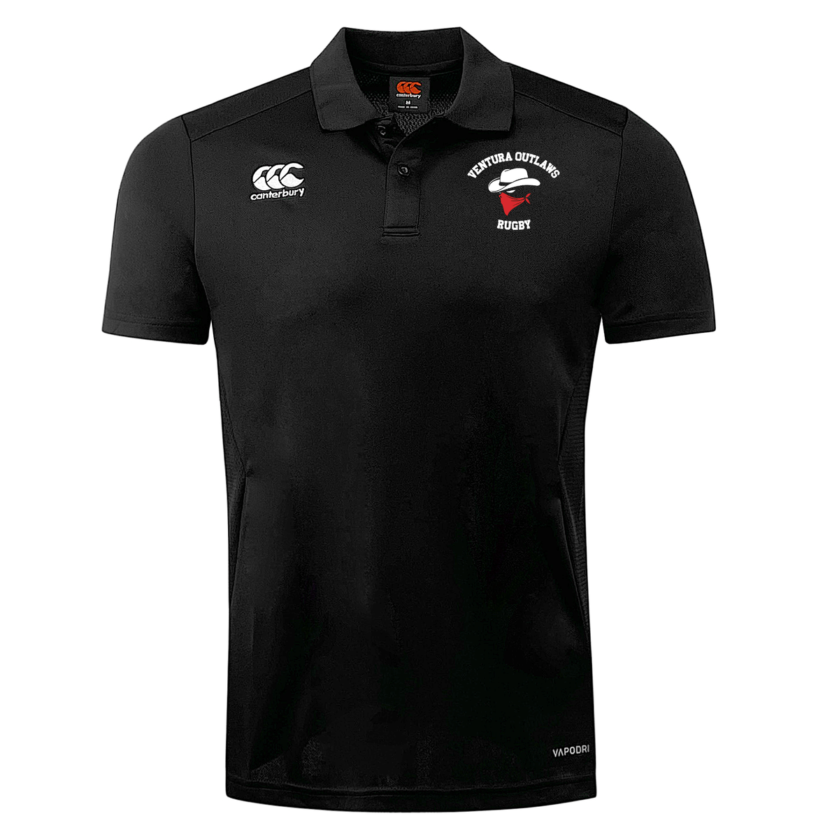 The Ventura Outlaws Rugby Club Dry Polo by EMB Canterbury is a black rugby shirt featuring embroidered Canterbury and Ventura Outlaws Rugby logos on the front. Designed with Vapodri Technology, it ensures breathability and comfort.