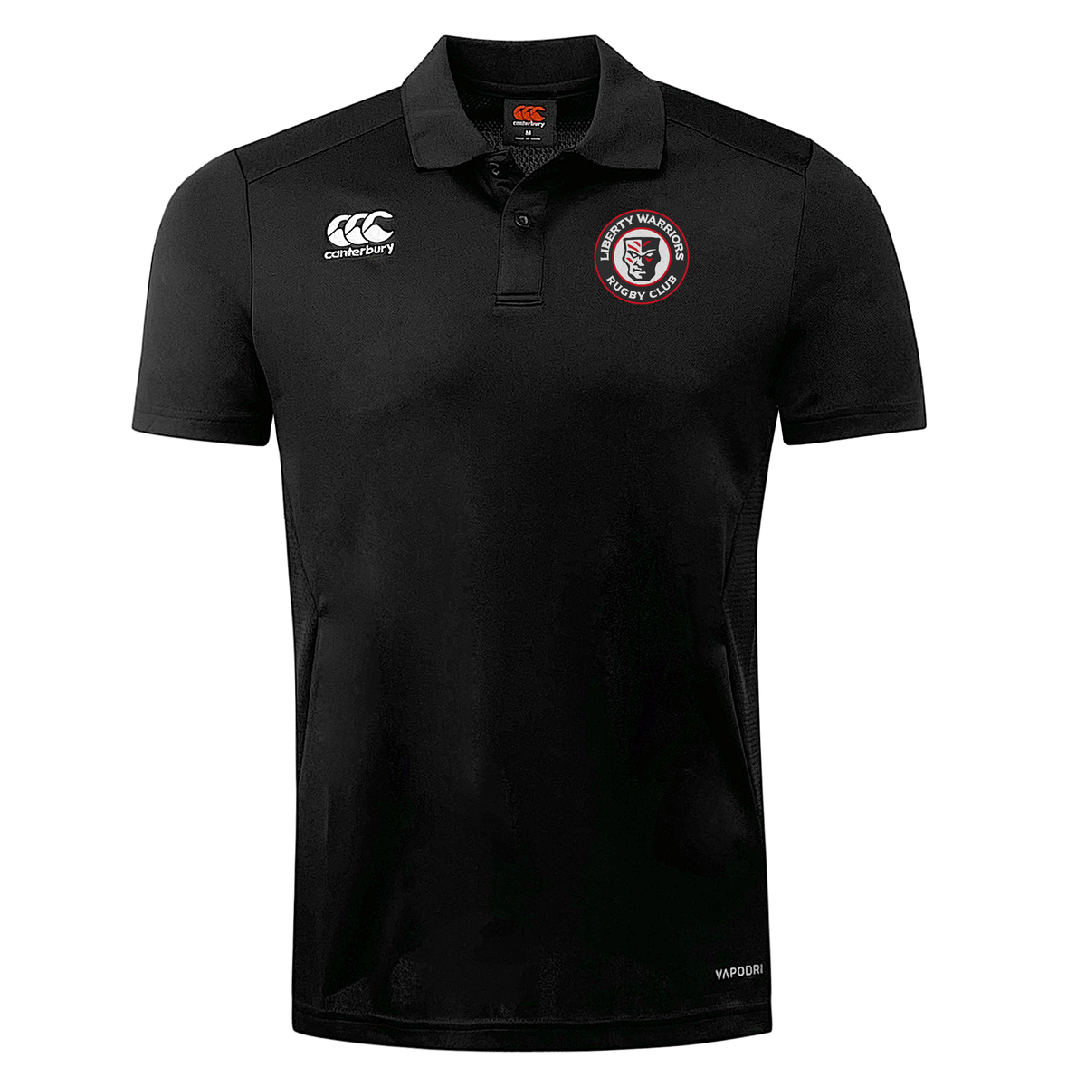 The Liberty Lake Warriors Club Dry Polo by EMB Canterbury is a black polo shirt that showcases a white Canterbury logo on the right chest and a red and white circular emblem on the left chest. Made from breathable fabric with Vapodri Technology, it offers both comfort and style.