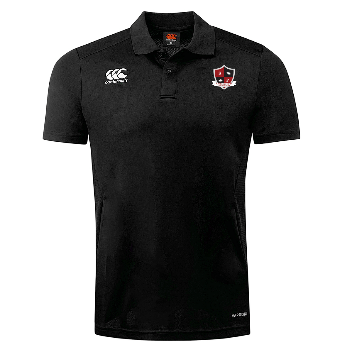 The Southern Pines Youth Rugby Club Dry Polo by EMB Canterbury is a black polo with a collar, sports logo on the chest, and white "Canterbury" text/logo on the right. Made with Vapodri Technology for breathability and all-day comfort.