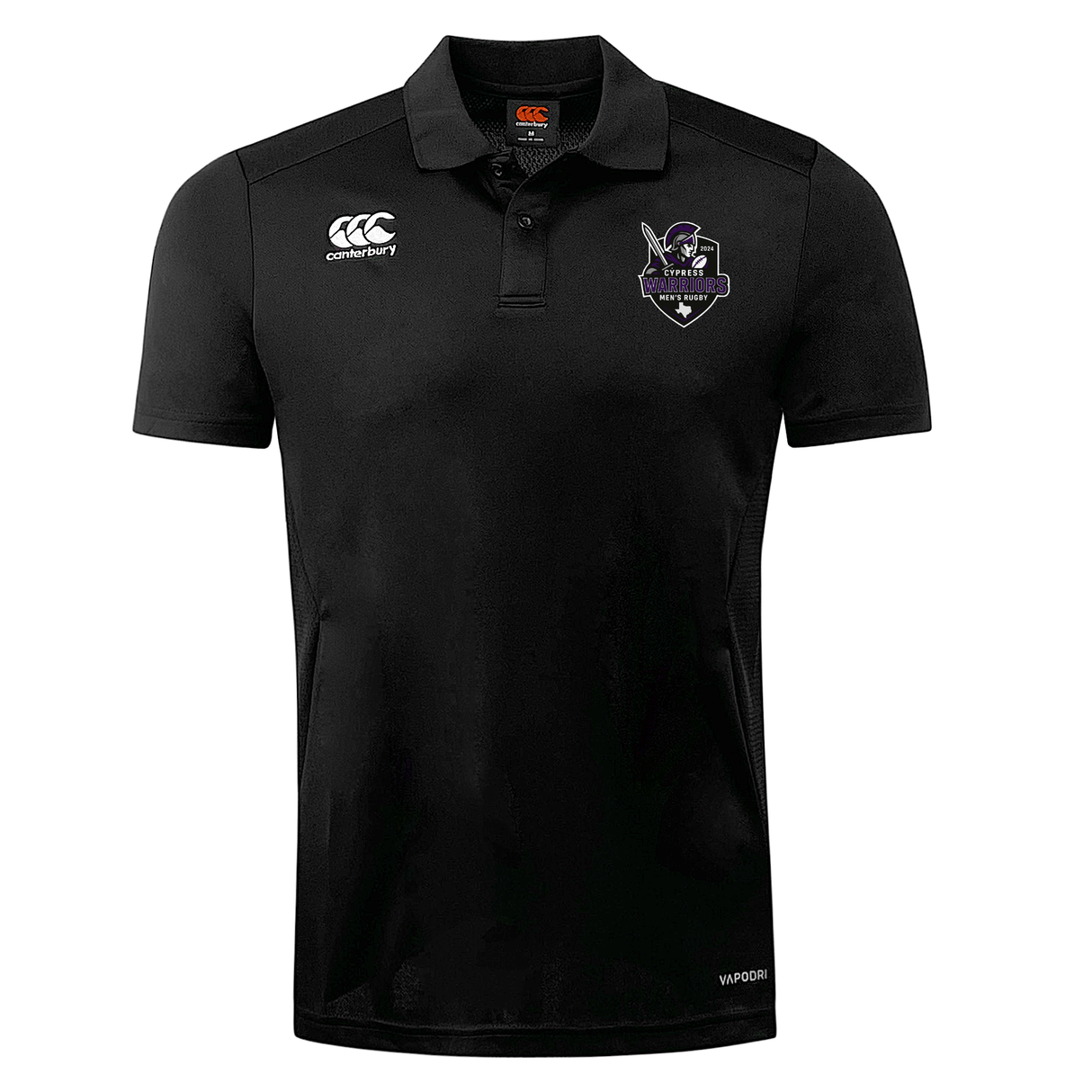 The Cypress Warriors Men's Rugby Club Dry Polo by EMB Canterbury is a black, collared short-sleeve polo with Vapodri tech, the Canterbury logo, and sports team crest on the chest for breathable comfort.
