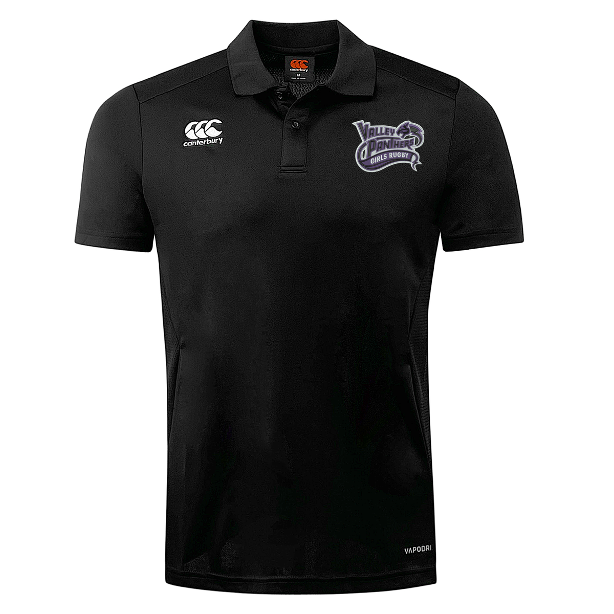The Valley Panthers Girls Rugby Club Dry Polo by Canterbury is a black short-sleeve polo shirt featuring EMB Canterbury’s Vapodri Technology for superior moisture management. This breathable design displays the EMB Canterbury logo on the right chest and the Valley Panthers Girls Rugby logo on the left chest.
