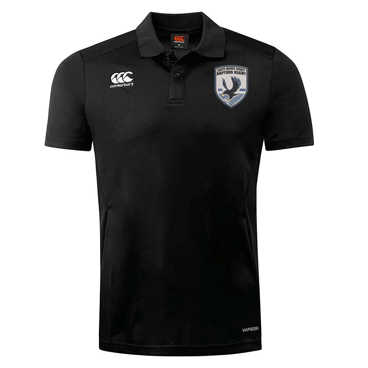 Stay cool and comfortable all day in the South Orange County Raptors Club Dry Polo by Canterbury. This black short-sleeve polo features a stylish collar, a small button placket on the front, and two logos on the chest. Crafted by EMB Canterbury with breathable Vapodri Technology, it’s designed to keep you dry no matter where your day takes you.
