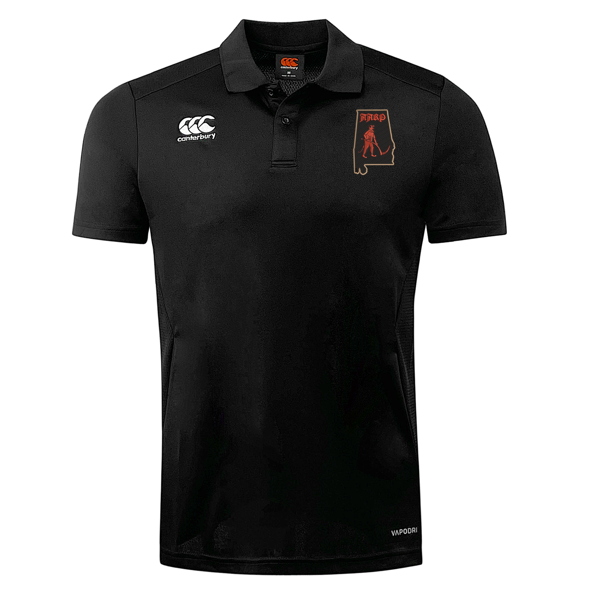 Black Aging Alabama Rugby Players Club Dry Polo by Canterbury featuring an Alabama outline logo with a hockey-stick-wielding figure on the left chest and Vapodri technology branding at the hem.