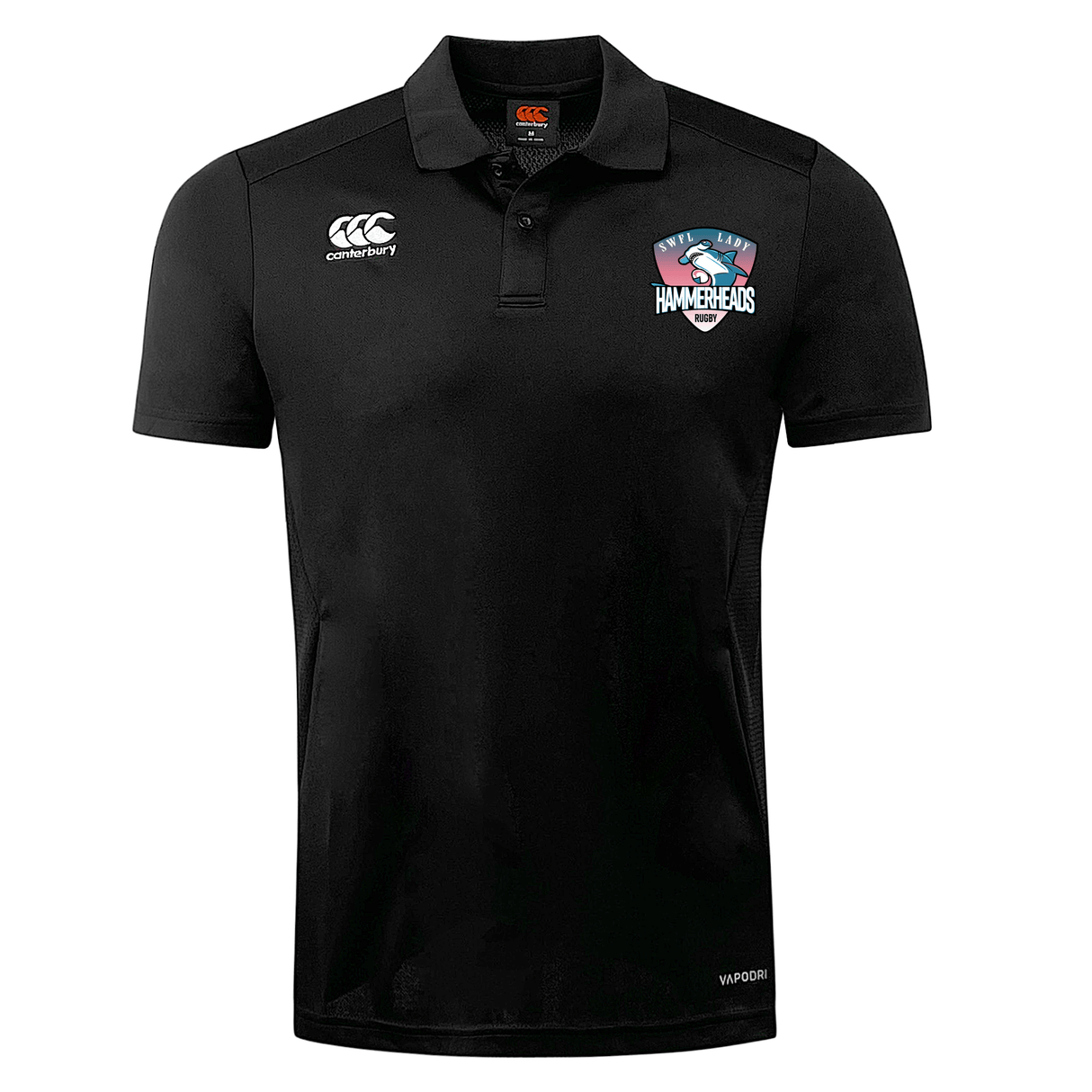 The SWFL Lady Hammerheads Club Dry Polo by WRS Canterbury is a black short-sleeve polo with the Canterbury logo on the right chest and Hammerheads team logo on the left, crafted with Vapodri Technology for cool, breathable comfort.