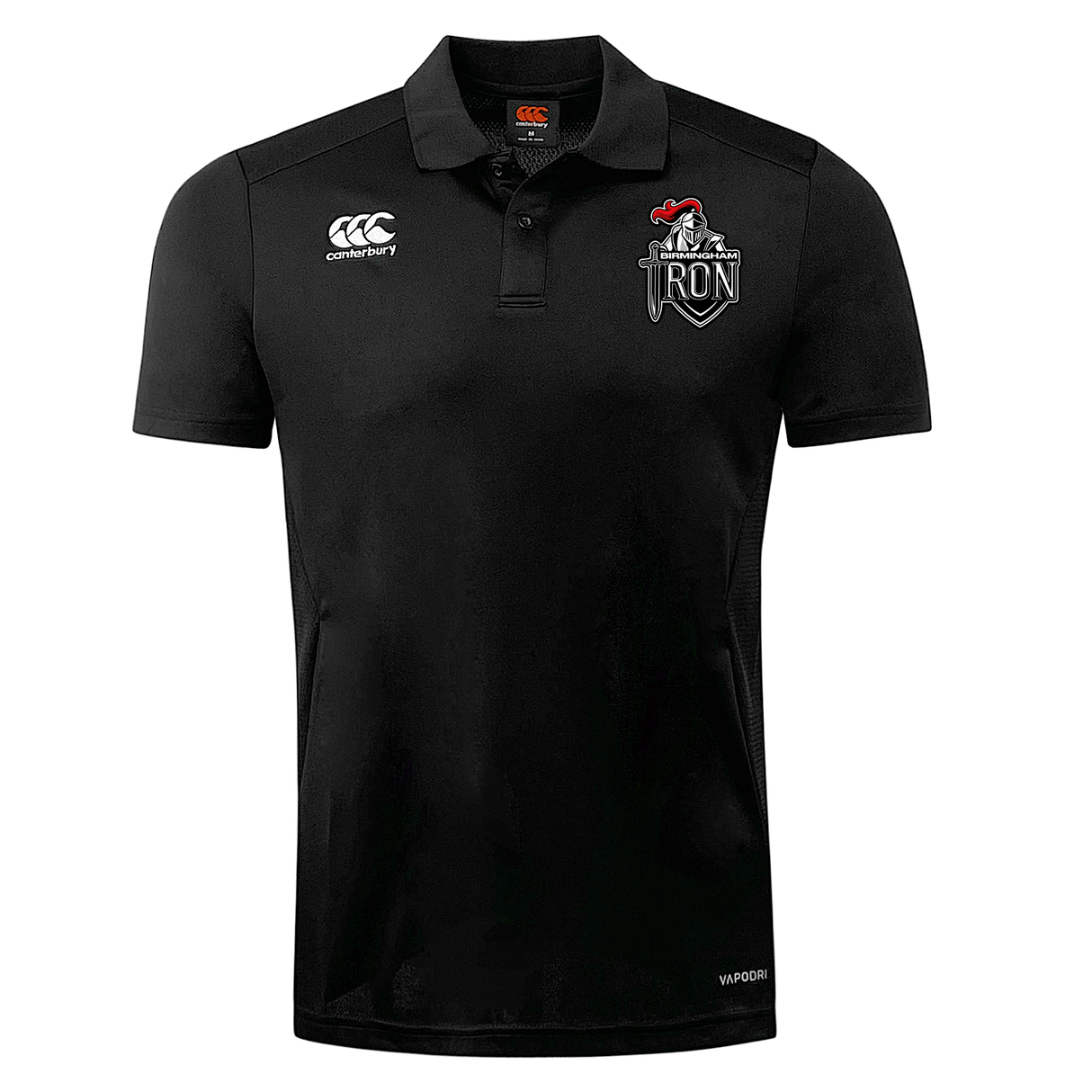 The Birmingham Iron Women's Football Club Dry Polo by EMB Canterbury is a black, short-sleeve collared polo featuring Vapodri technology, a white Canterbury logo on the right chest, and the Iron team crest on the left.