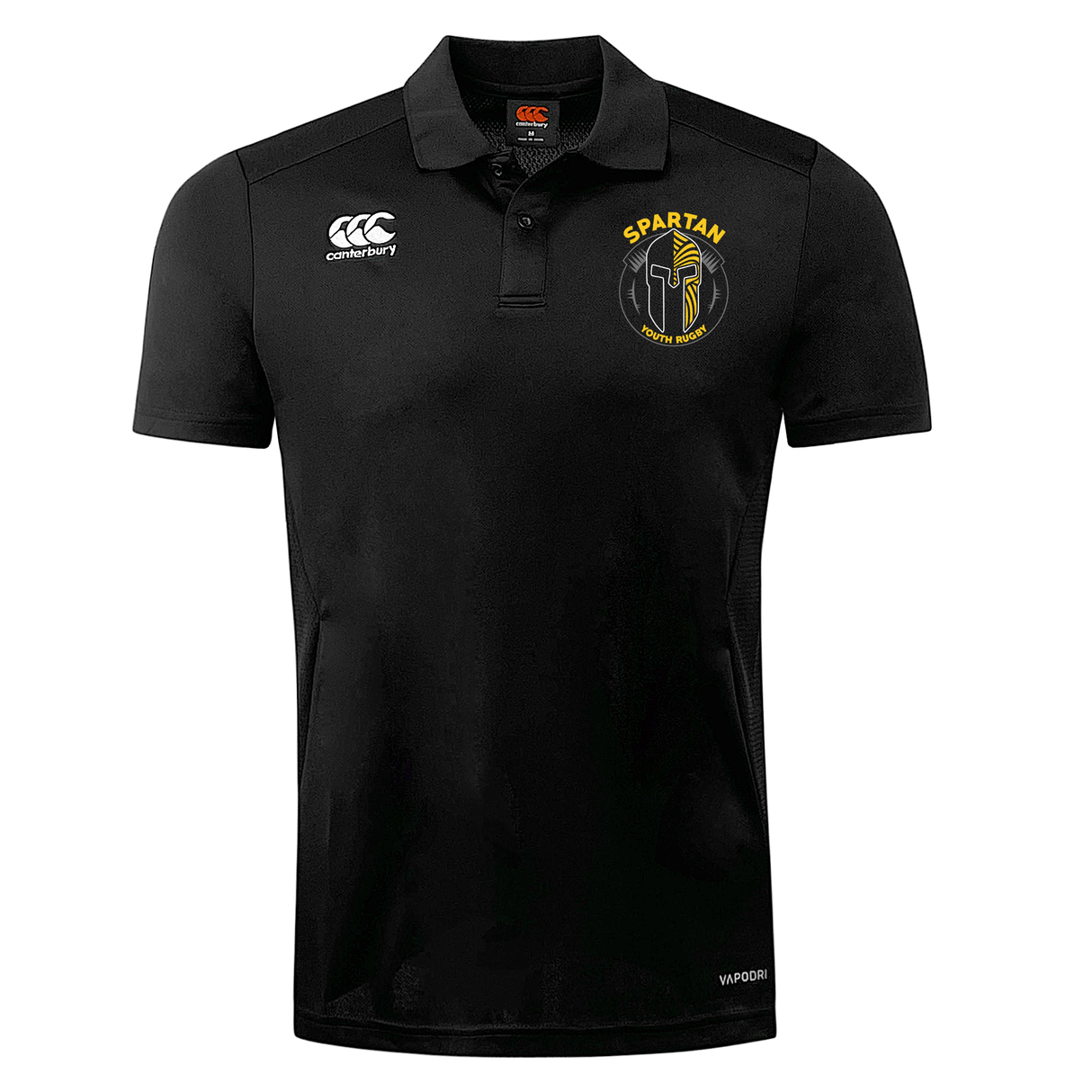 The Spartan Youth Rugby Club Dry Polo by EMB Canterbury is a black, short-sleeve polo with collar, Vapodri Technology for breathability, Canterbury logo on the right chest, and a yellow Spartan-themed logo on the left.