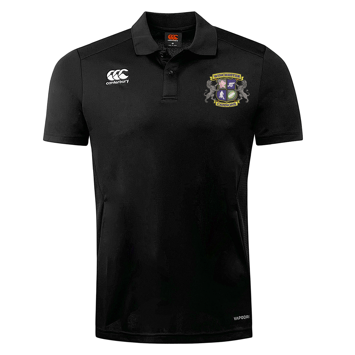 The Winchester Cannons Club Dry Polo by EMB Canterbury is a black, short-sleeve polo with a collar, Vapodri Technology, the Canterbury logo on the right chest, and an embroidered crest on the left chest.