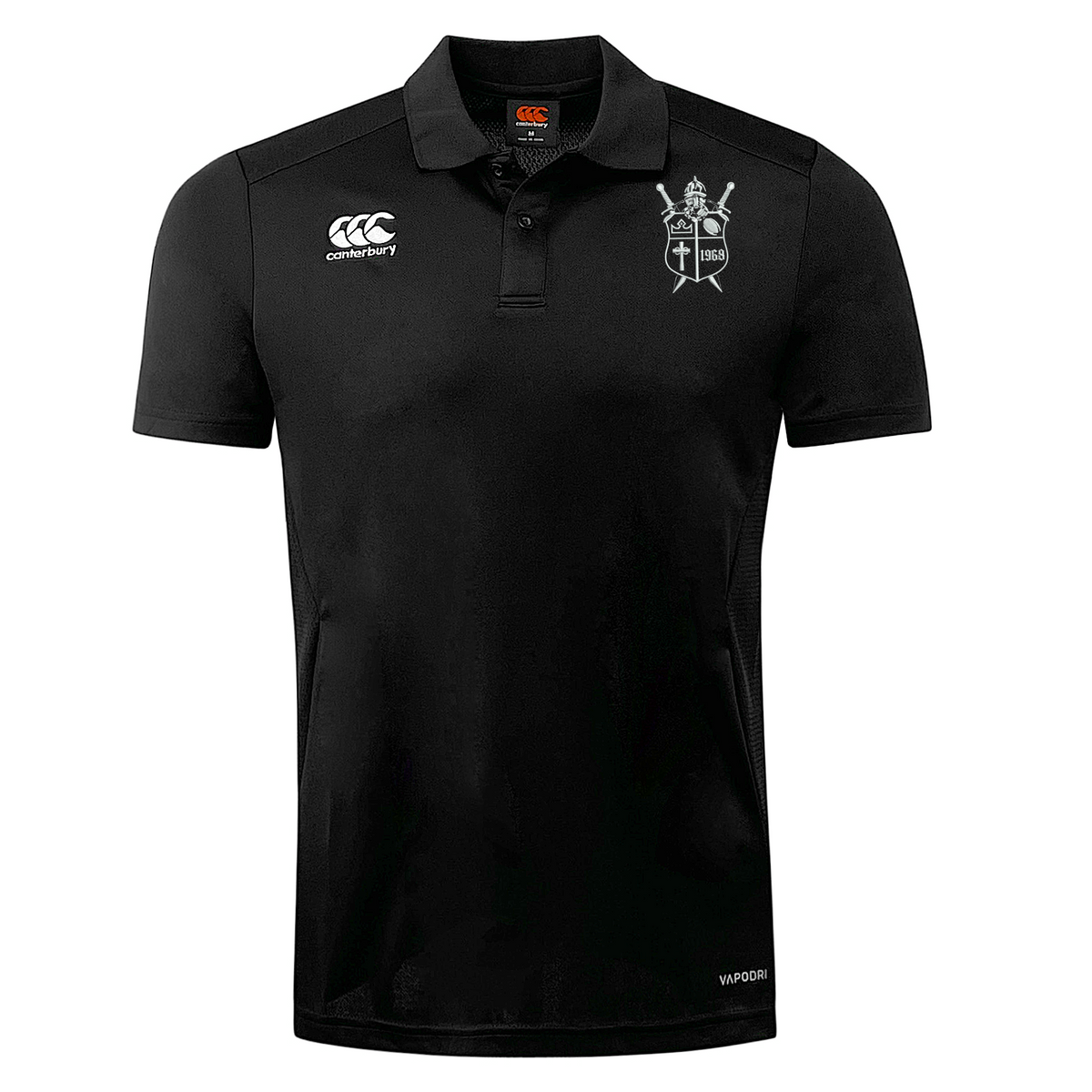 Black short-sleeved Cal Lutheran University Club Dry Polo by Canterbury with a white logo on the right chest and a white crest featuring a helmet and swords on the left chest.