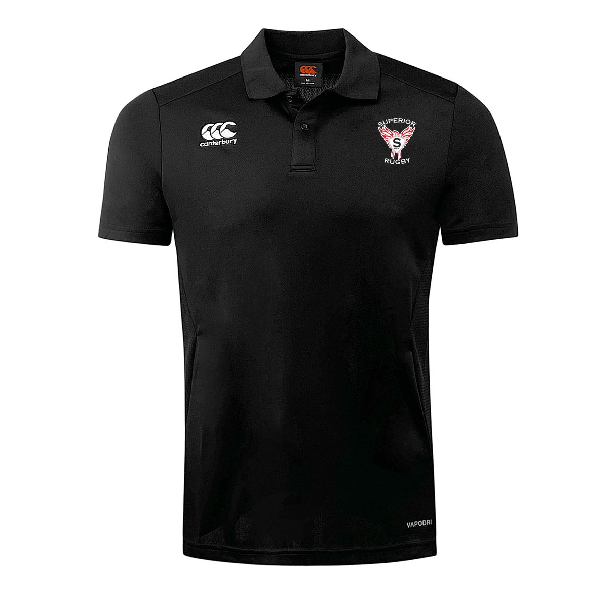 The Superior Rugby Club Club Dry Polo by EMB Canterbury features Vapodri technology for breathability, a Canterbury logo on the right chest, and the Superiors Rugby club crest on the left.