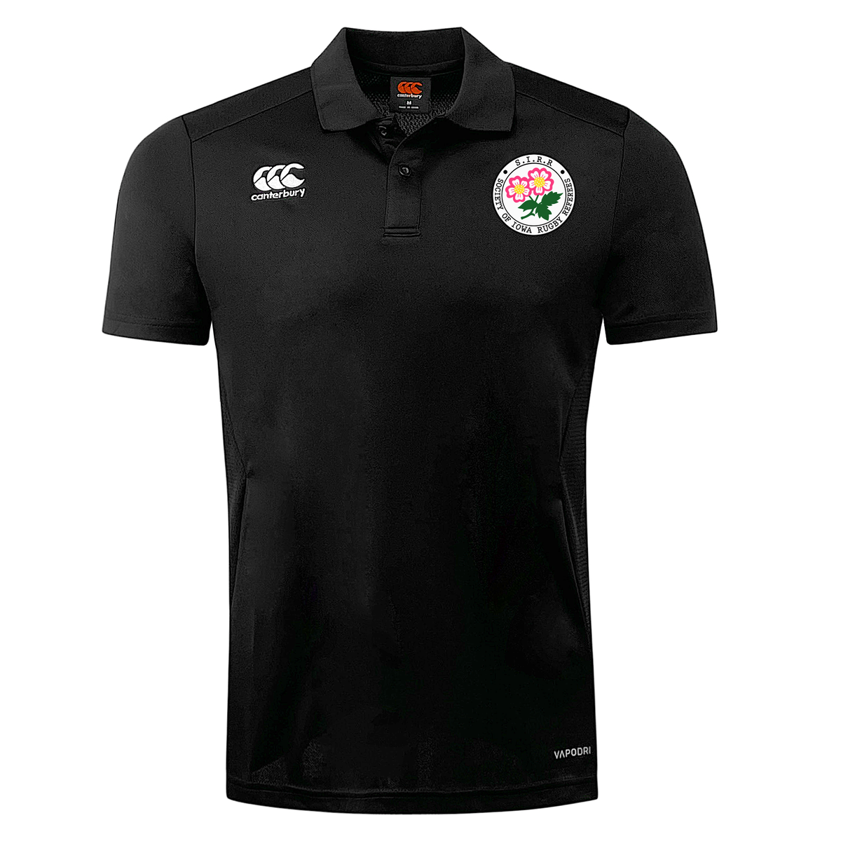 The Society of Iowa Rugby Referees Club Dry Polo by EMB Canterbury is a black short-sleeve polo designed with Vapodri Technology for superior moisture management. Featuring a white Canterbury logo and the England Rugby rose emblem on the chest, this breathable polo ensures comfort both on and off the field. Displayed on a plain white background.