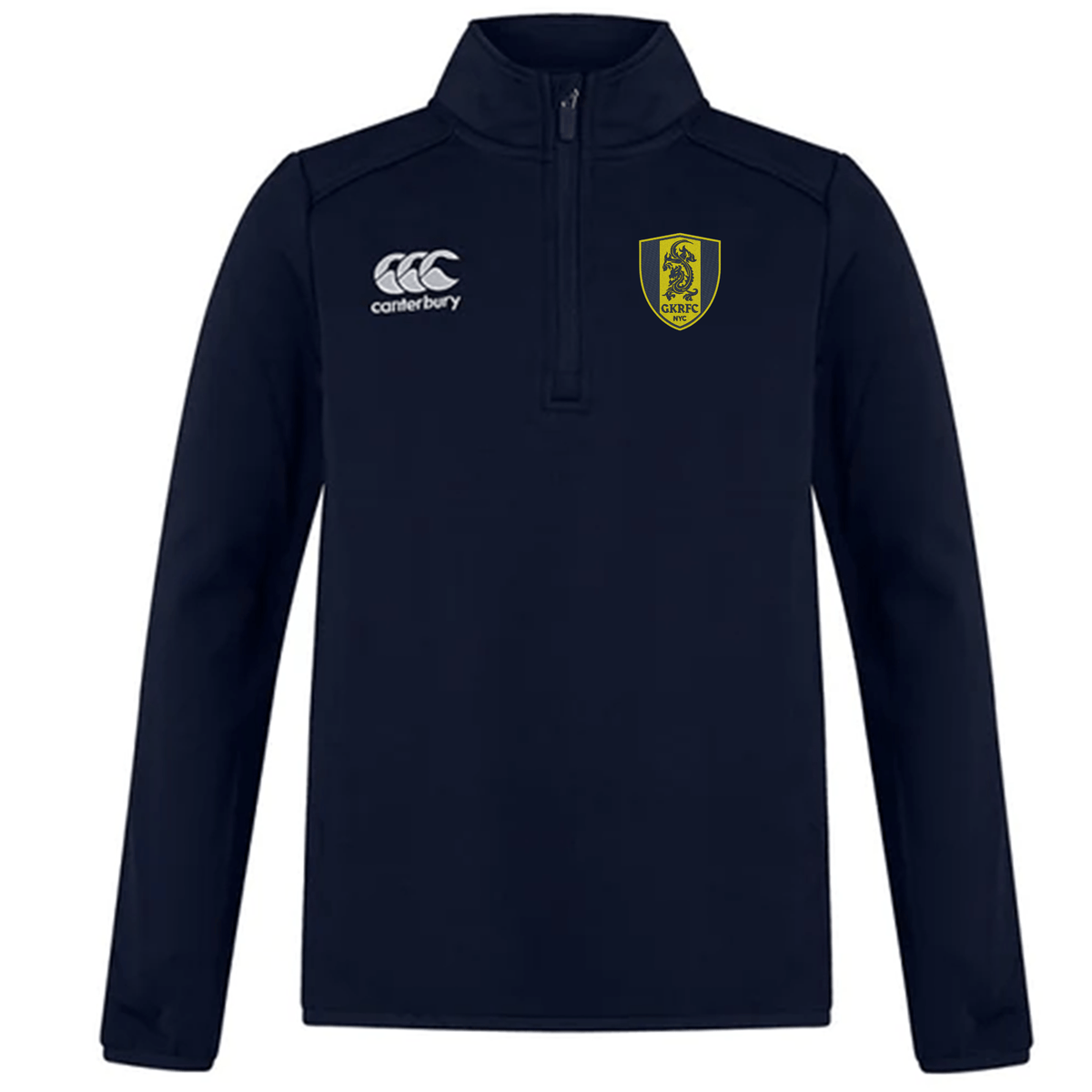 The Gotham Knights Club 1/4 Zip Mid Layer Training Top by EMB Canterbury is a navy blue long-sleeve rugby top featuring a half-zip front, with the Canterbury logo on the left chest and a yellow shield logo on the right chest. This versatile piece is perfect for both practice sessions and casual wear.