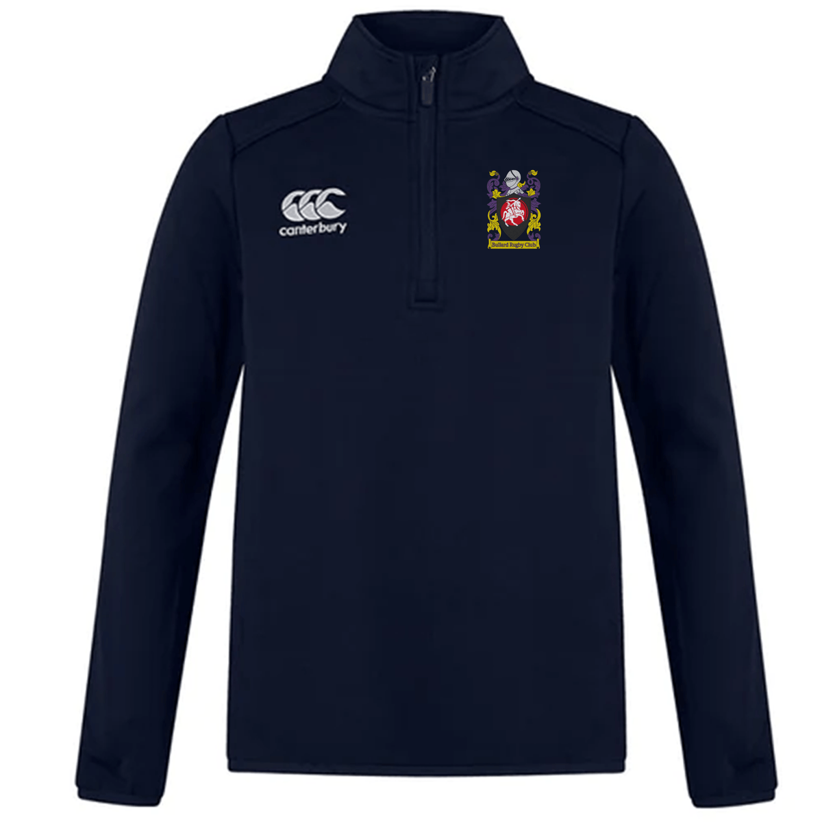 The Bullard Rugby Club 1/4 Zip Mid Layer Training Top by EMB Canterbury is a navy pullover made from soft fleece fabric, designed with a modern fit. The Canterbury logo is prominently displayed on the right chest, complemented by a vibrant emblem on the left chest. Perfect as a rugby training top, it seamlessly blends style with functionality.