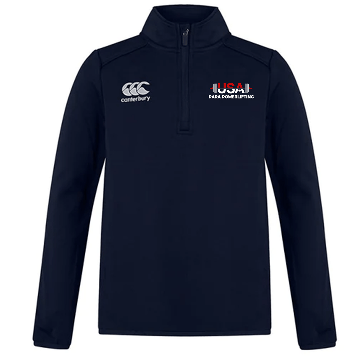 The EMB Canterbury USA Para Powerlifting Club 1/4 Zip Mid Layer Training Top is a navy fleece with the Canterbury logo on the left chest and USA Para Powerlifting logo on the right chest.