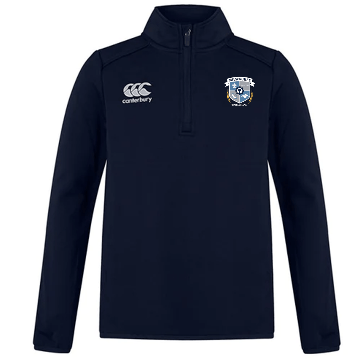 The Milwaukee Barbarians Rugby Club 1/4 Zip Mid Layer Training Top by EMB Canterbury features a navy design, Canterbury logo on the right chest, and the club crest on the left—ideal for rugby training.