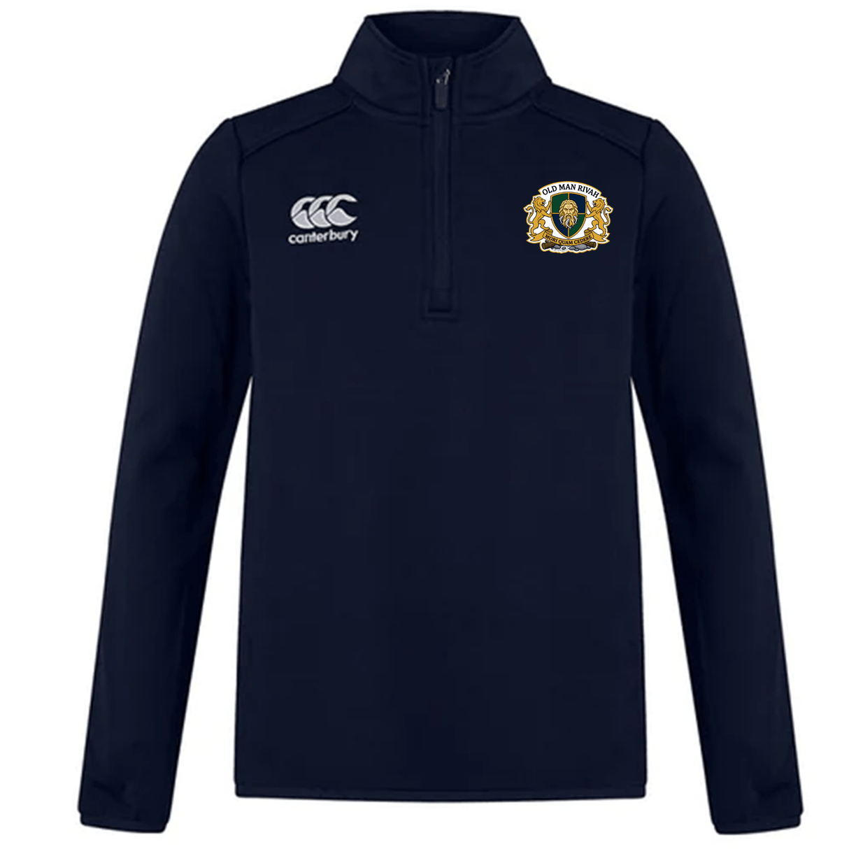 The Old Man Rivah Rugby Club 1/4 Zip Mid Layer Training Top by EMB Canterbury is a navy blue long-sleeve pullover with a Canterbury logo on the right chest and a lion crest on the left, ideal for rugby training.