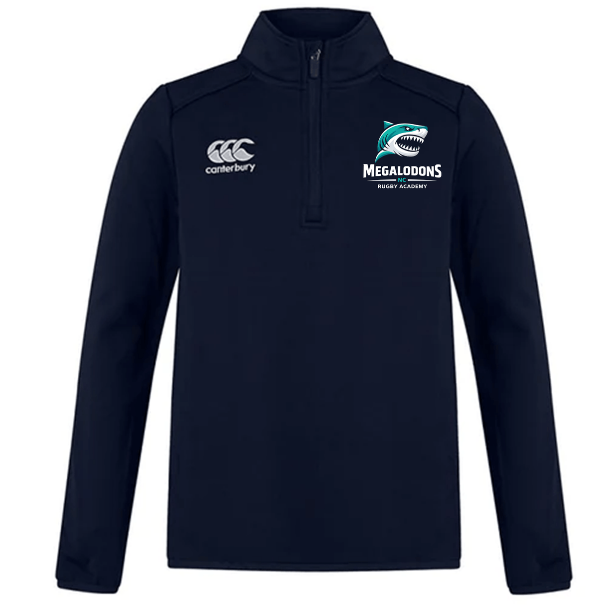 The NC Rugby Academy - Megalodons Club 1/4 Zip Mid Layer Training Top by EMB Canterbury features a navy design with Canterbury and Megalodons Rugby Academy logos. Ideal custom sportswear for athletes.