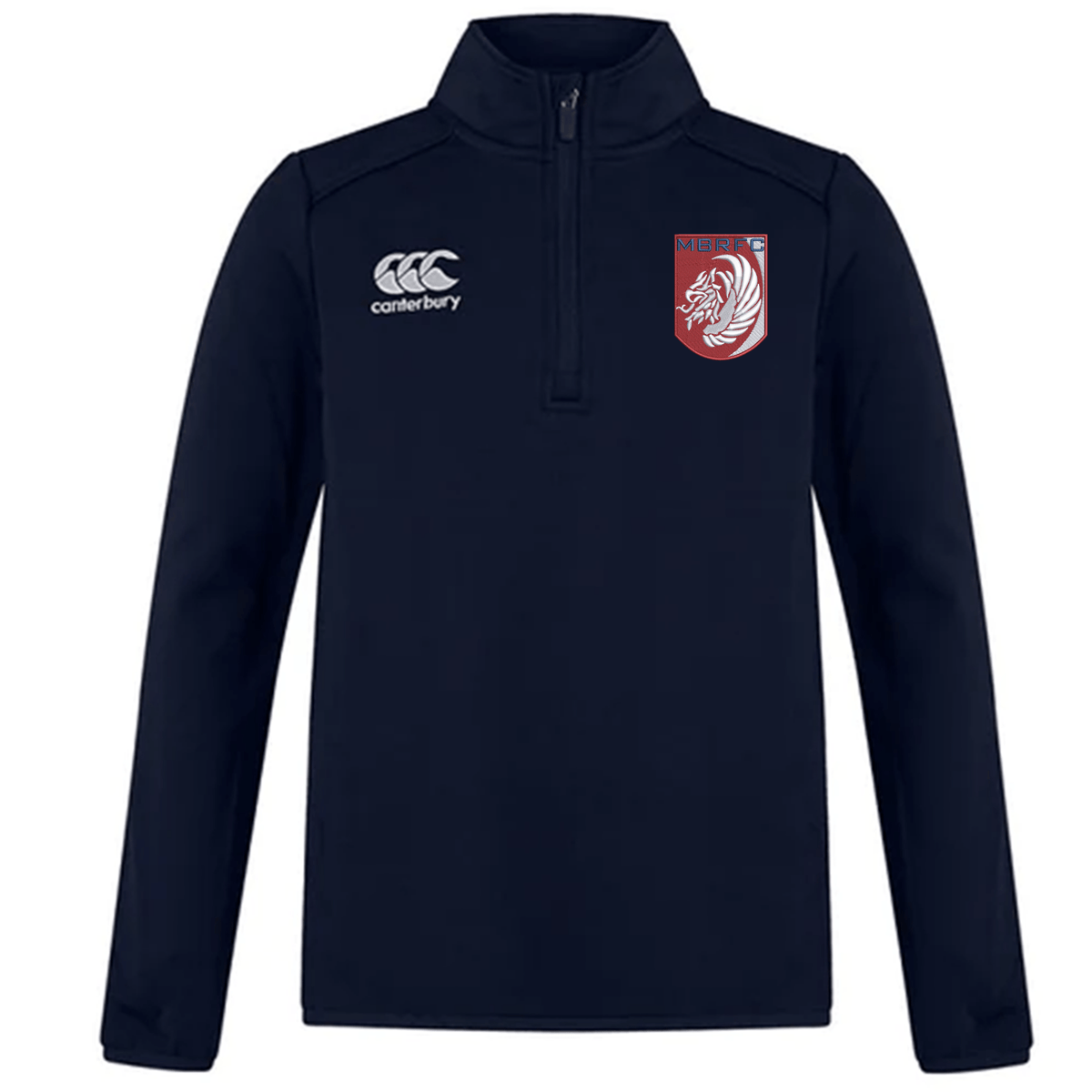 The Montgomery Bucks Griffins Club 1/4 Zip Mid Layer Training Top by EMB Canterbury features a white Canterbury logo and a maroon and white lion crest—ideal as a rugby training top.