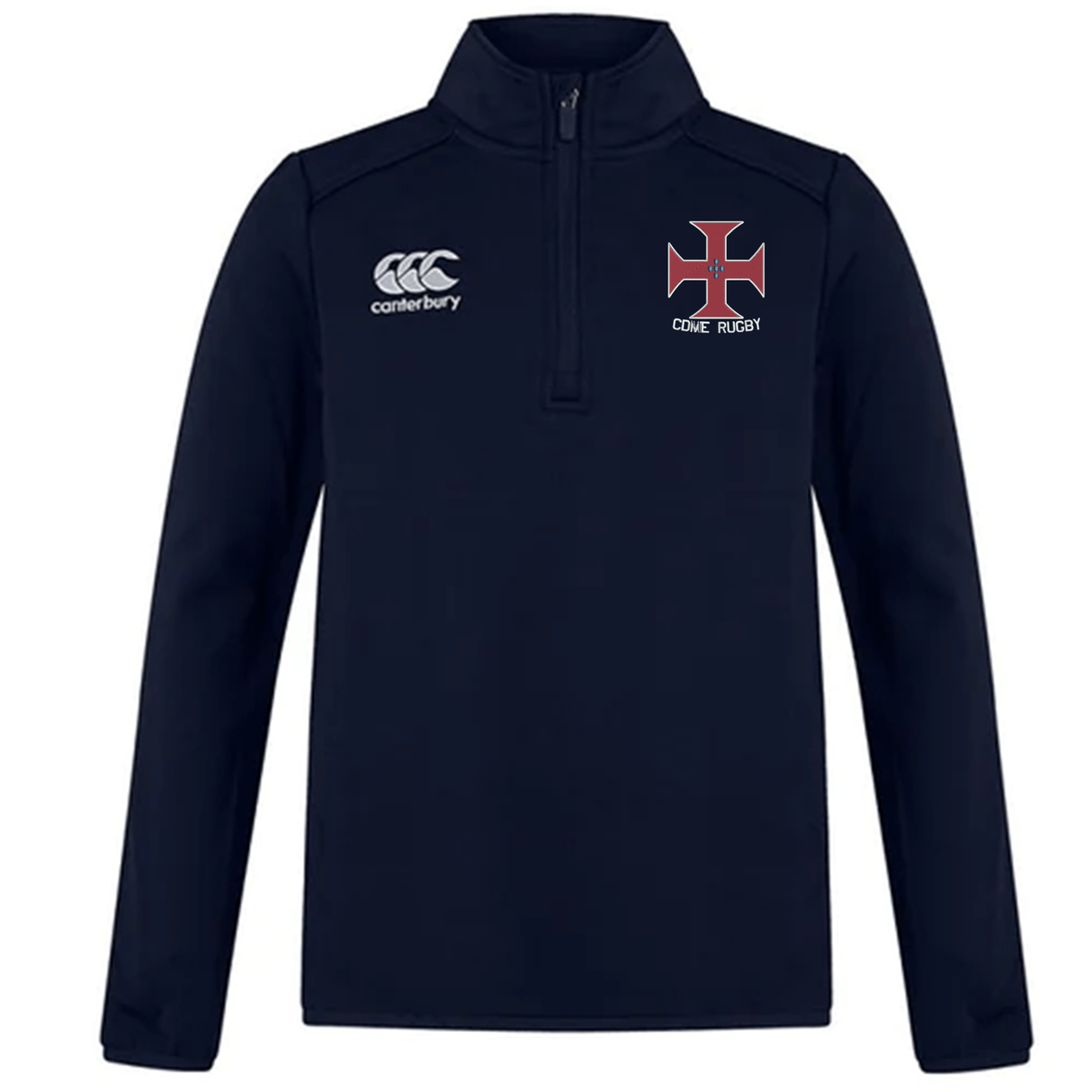 The SF CDME Rugby Club 1/4 Zip Mid Layer Training Top by Canterbury is a navy blue rugby training fleece from EMB Canterbury, featuring a white Canterbury logo on the right chest and a red cross emblem with "COMO RUGBY" text on the left chest, offering both comfort and style for your rugby sessions.
