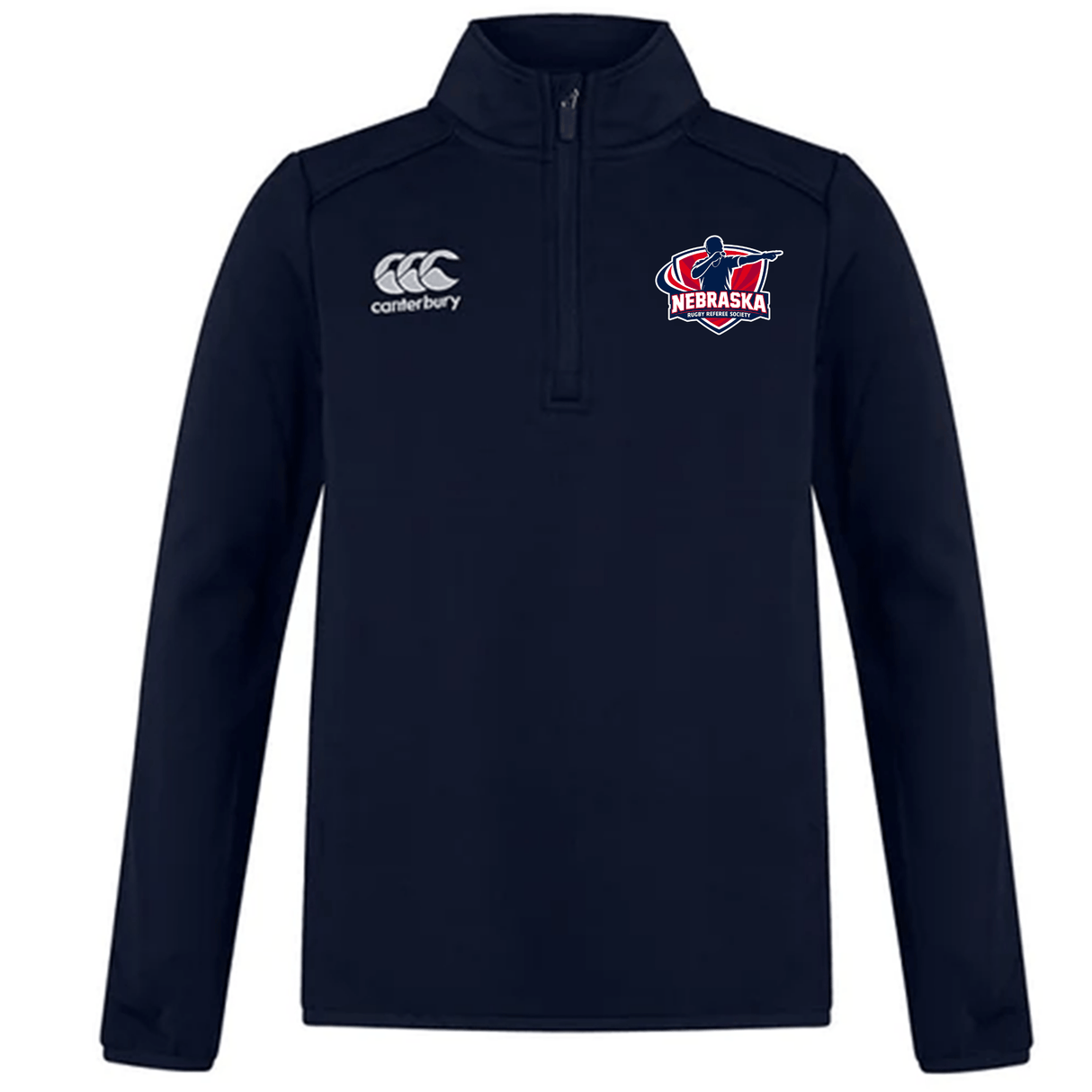 The Nebraska Rugby Referee Society Club 1/4 Zip Mid Layer Training Top by EMB Canterbury features long sleeves, the Canterbury logo on the right chest, and a custom Nebraska-themed sports logo on the left.