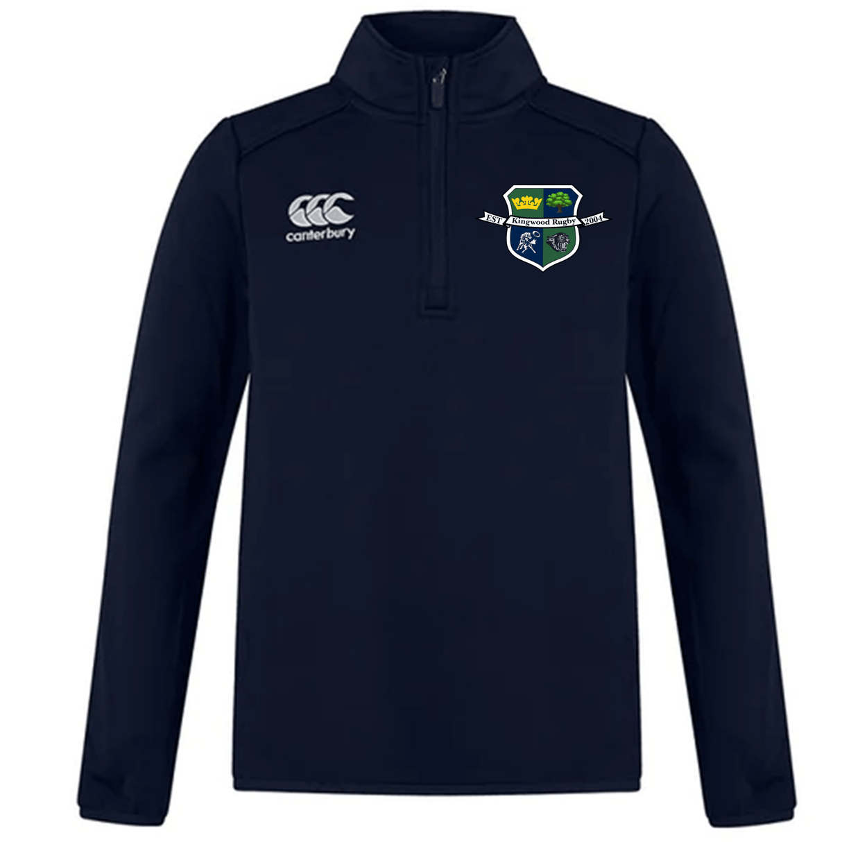 The Kingwood Rugby Club 1/4 Zip Mid Layer Training Top by EMB Canterbury features the club crest on the left chest—perfect as a rugby training top or for fans of custom-made sportswear.