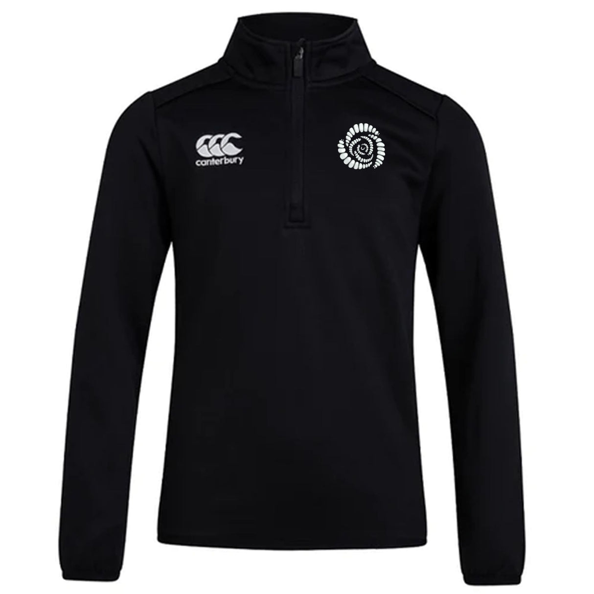 The Missoula All-Maggots Club 1/4 Zip Mid Layer Training Top by EMB Canterbury features a black long-sleeve design with the Canterbury logo on the right chest and a distinctive circular white emblem on the left chest, making it an ideal rugby training top for cooler weather.