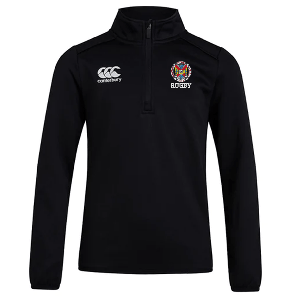 The Hampden Sydney College Club 1/4 Zip Mid Layer Training Top by EMB Canterbury is a black, long-sleeve fleece pullover featuring a quarter zipper, the Canterbury logo, and a rugby team emblem on the chest. It's perfect as a rugby training top.