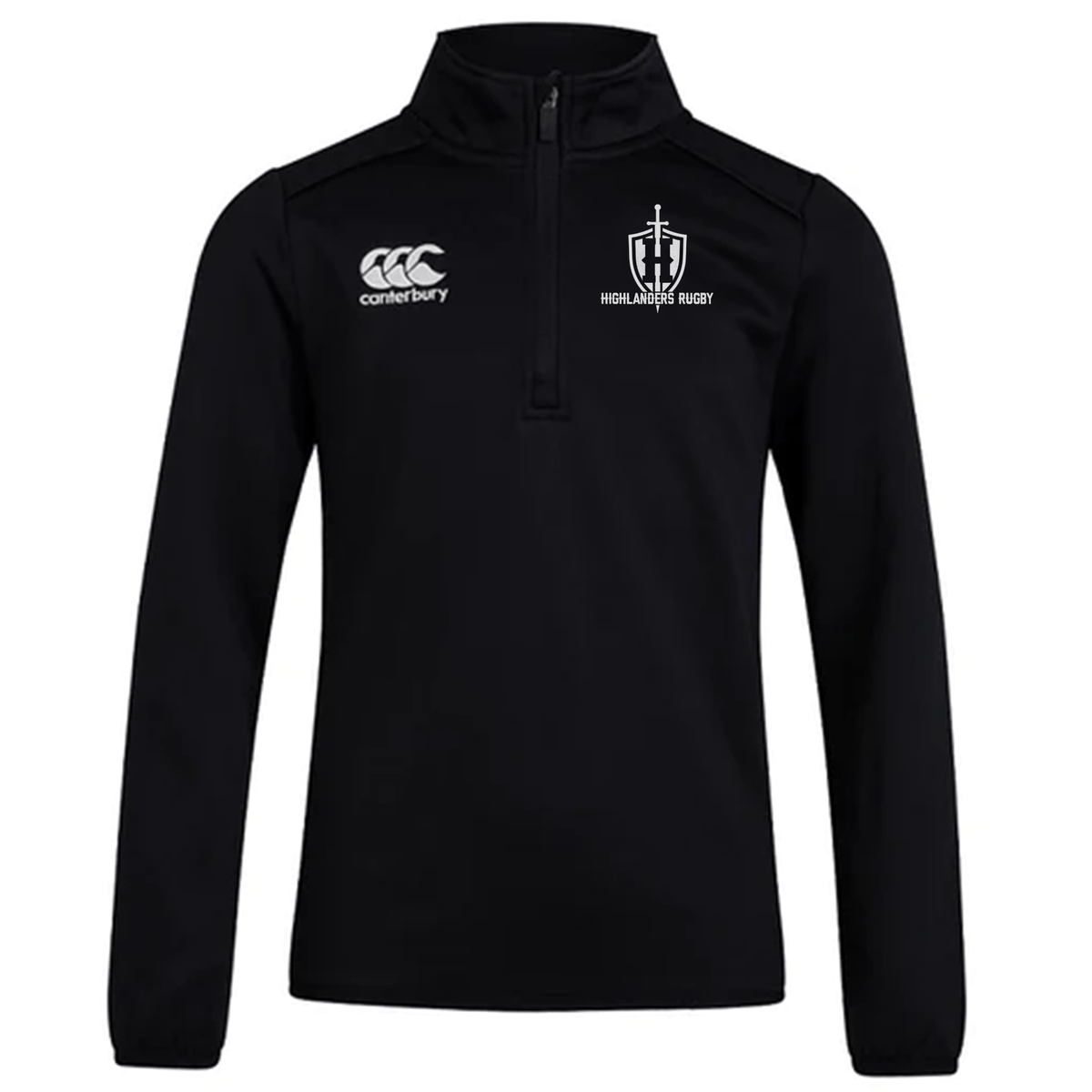 A black Highlanders Rugby NC Club 1/4 Zip Mid Layer Training Top by EMB Canterbury, featuring the Canterbury logo on the left chest and the Highlanders Rugby logo on the right chest. Ideal for wearing on or off the rugby field.
