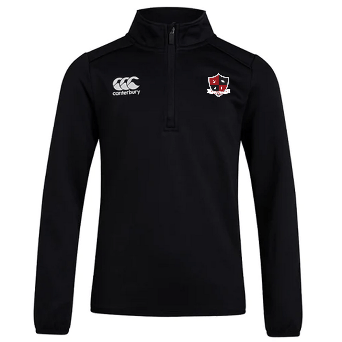 The Southern Pines Youth Rugby Club 1/4 Zip Mid Layer Training Top by Canterbury is a black bonded fleece pullover, featuring a left chest logo and white EMB Canterbury branding on the right, ideal for rugby training.
