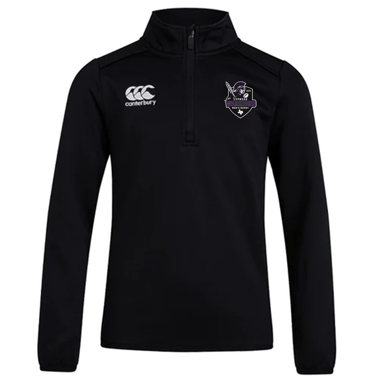 The Cypress Warriors Men's Rugby Club 1/4 Zip Mid Layer Training Top by EMB Canterbury features a black long-sleeve design with the Canterbury logo on the right chest and a purple shield emblem on the left—perfect for rugby training.
