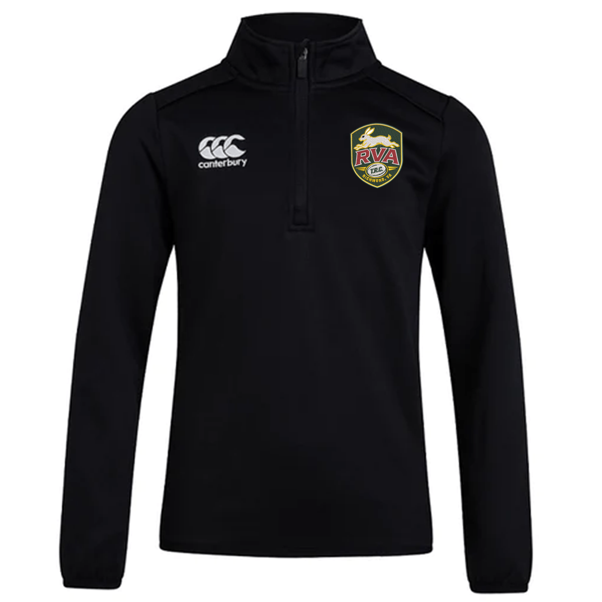 The RVA T.R.C. Club 1/4 Zip Mid Layer Training Top by EMB Canterbury features a black quarter-zip design with the Canterbury logo on the right chest and the RVA Rugby Club crest on the left chest—ideal as a rugby training top or cozy fleece for cool weather.