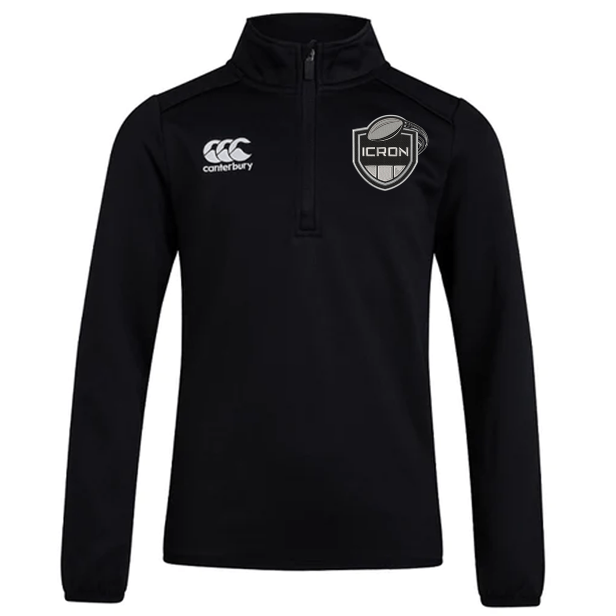 Black long-sleeved ICRON Club 1/4 Zip Mid Layer Training Top by Canterbury with logos on the chest.