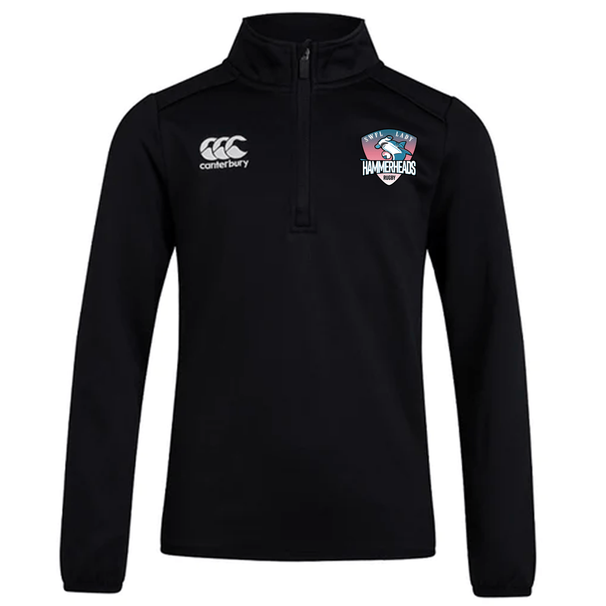 The SWFL Lady Hammerheads Club 1/4 Zip Mid Layer Training Top by WRS Canterbury features the Canterbury logo on the right chest and the Hammerheads logo on the left—perfect for rugby training.
