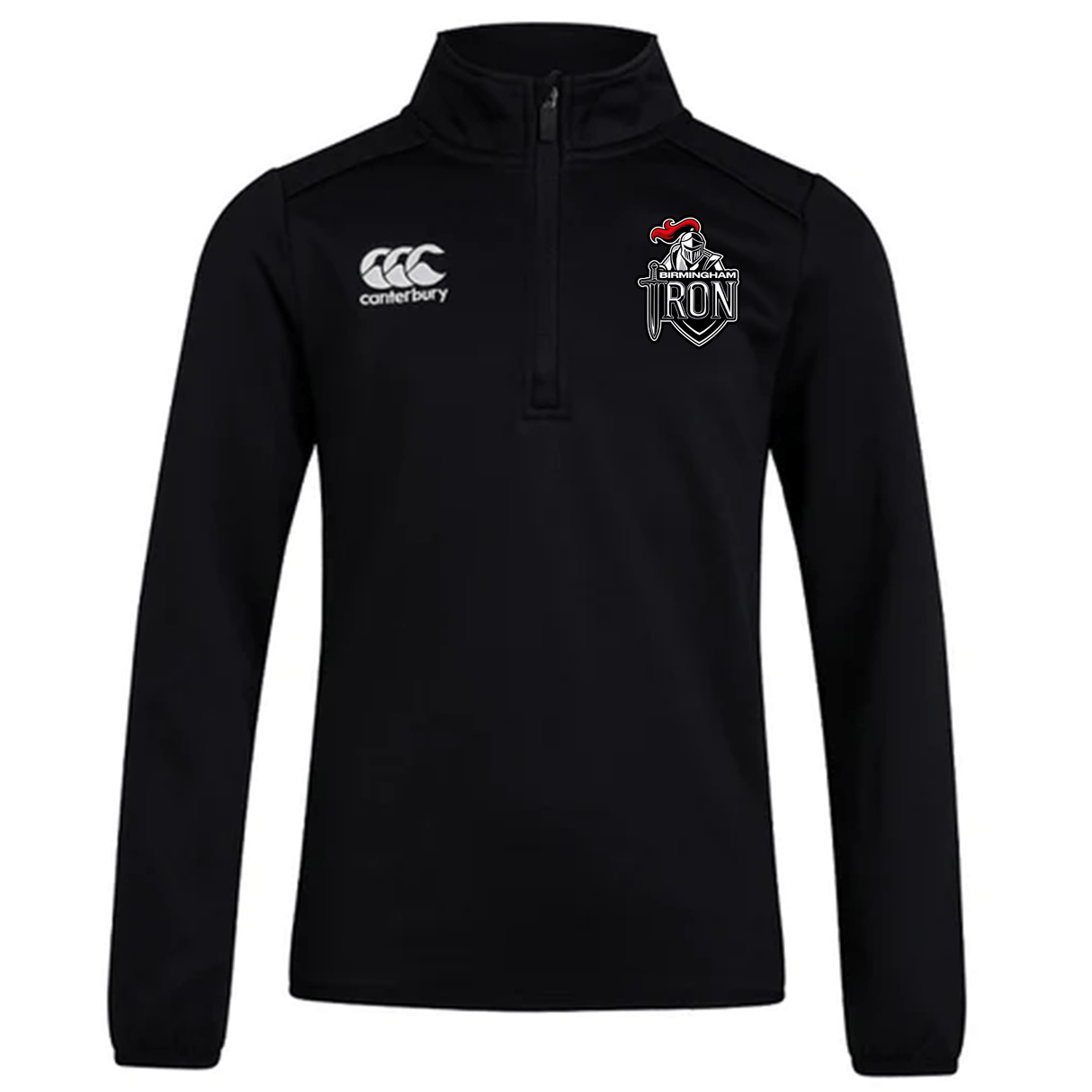 The Birmingham Iron Women's Football Club 1/4 Zip Mid Layer Training Top by EMB Canterbury is a black long-sleeve top featuring the CCC Club logo on the right chest and the "IRON" helmet logo on the left.