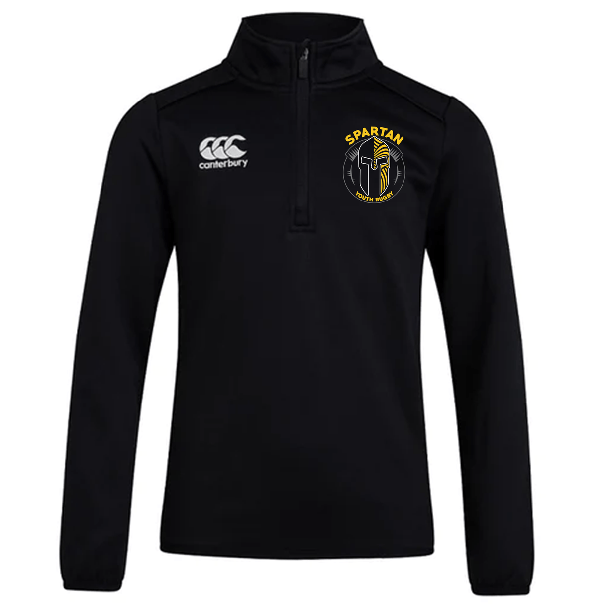 The Spartan Youth Rugby Club 1/4 Zip Mid Layer Training Top by Canterbury is a black long-sleeve, featuring the EMB Canterbury logo on the right chest and the Spartan Youth Rugby badge on the left.