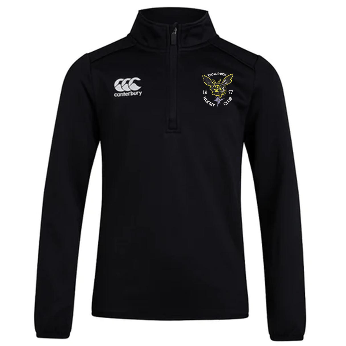 A black Hornets Rugby Club 1977 Club 1/4 Zip Mid Layer Training Top by Canterbury, featuring an EMB Canterbury logo on the right chest and a Hornets Rugby Club crest on the left chest.