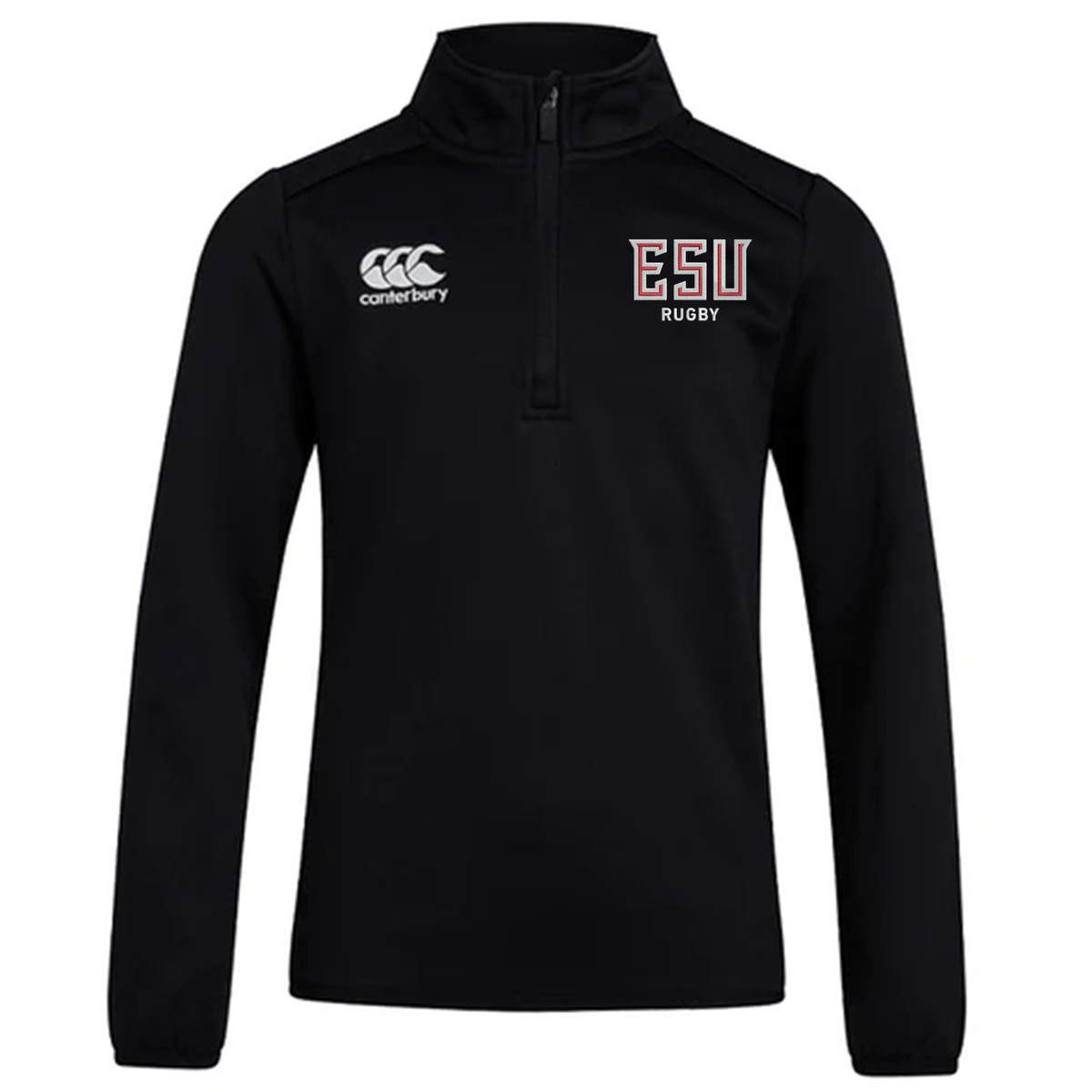 The EMB Canterbury East Stroudsburg University Club 1/4 Zip Mid Layer Training Top features a black fleece design with the Canterbury logo on the right chest and "ESU Rugby" on the left chest.
