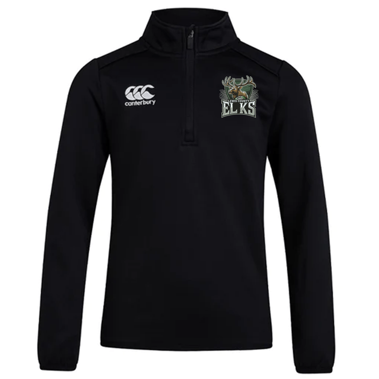 The Lewis County Elks Club 1/4 Zip Mid Layer Training Top by EMB Canterbury is a black quarter-zip pullover featuring the “Canterbury” logo on the right chest and an “Elks” emblem with a deer on the left chest, designed as a versatile mid layer ideal for custom-made sportswear collections.