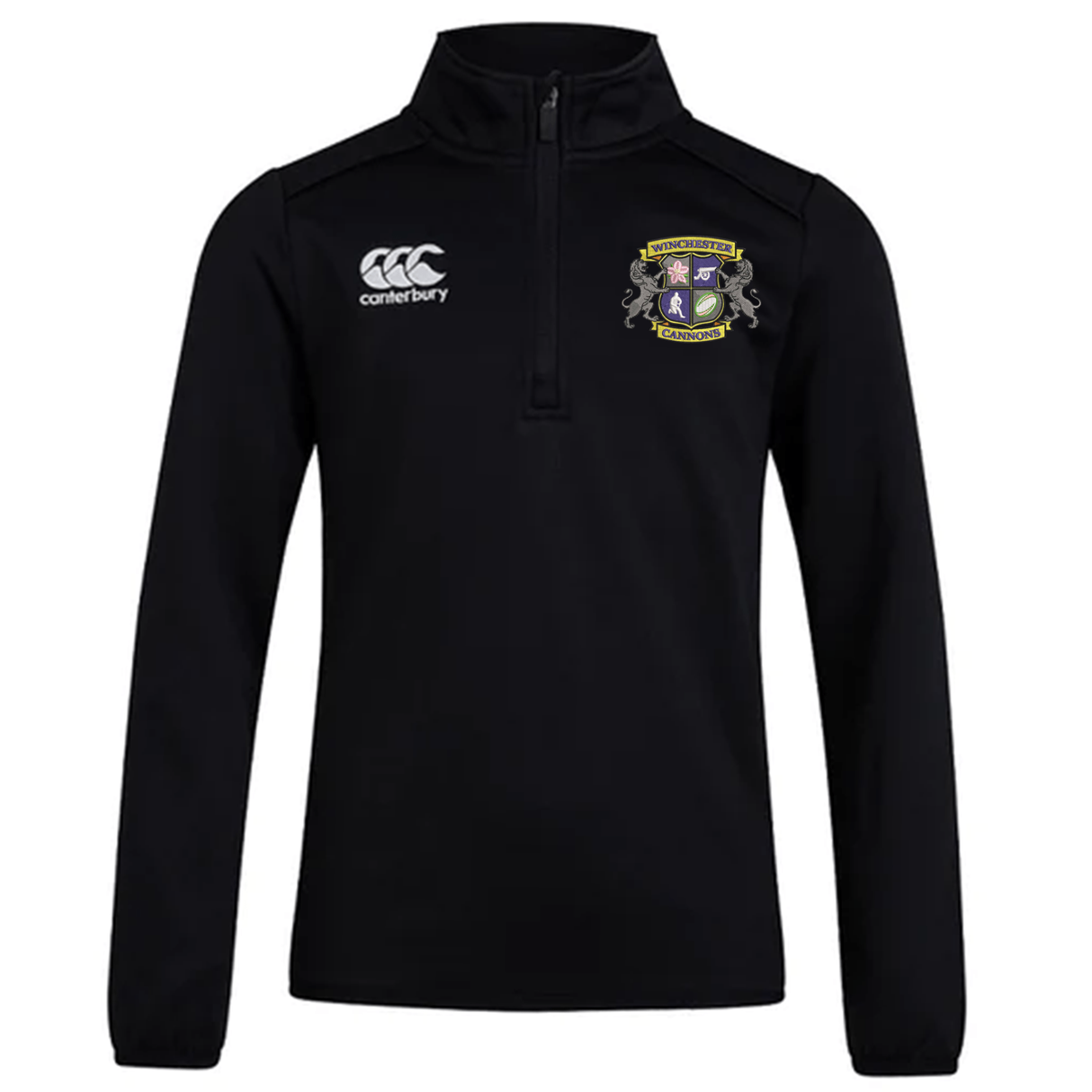 The Winchester Cannons Club 1/4 Zip Mid Layer Training Top by EMB Canterbury is a black sports top with the Canterbury logo and club crest, ideal for rugby training.