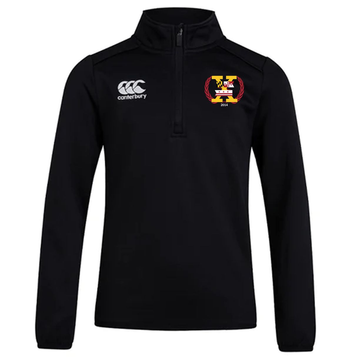 Potomac Exiles Rugby Club 1/4 Zip Mid Layer Training Top by EMB Canterbury—this black pullover is perfect for rugby training, featuring the iconic Canterbury logo on the right chest and a multi-colored Potomac Exiles crest on the left chest, making it an ideal choice for any club supporter.