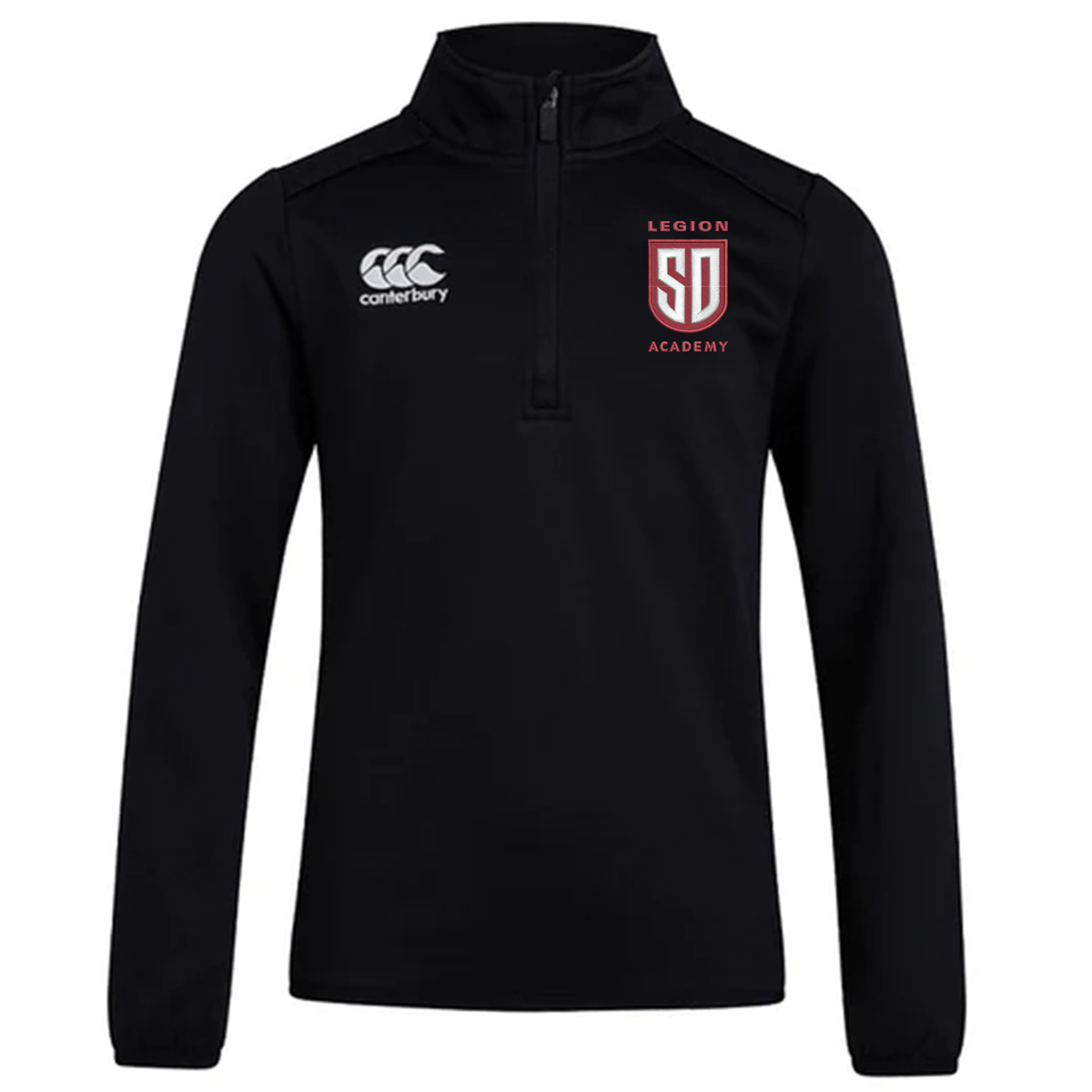 Black Legion Academy Club 1/4 Zip Mid Layer Training Top by Canterbury, a fleece quarter-zip with a logo and “Legion Academy” printed on the chest.