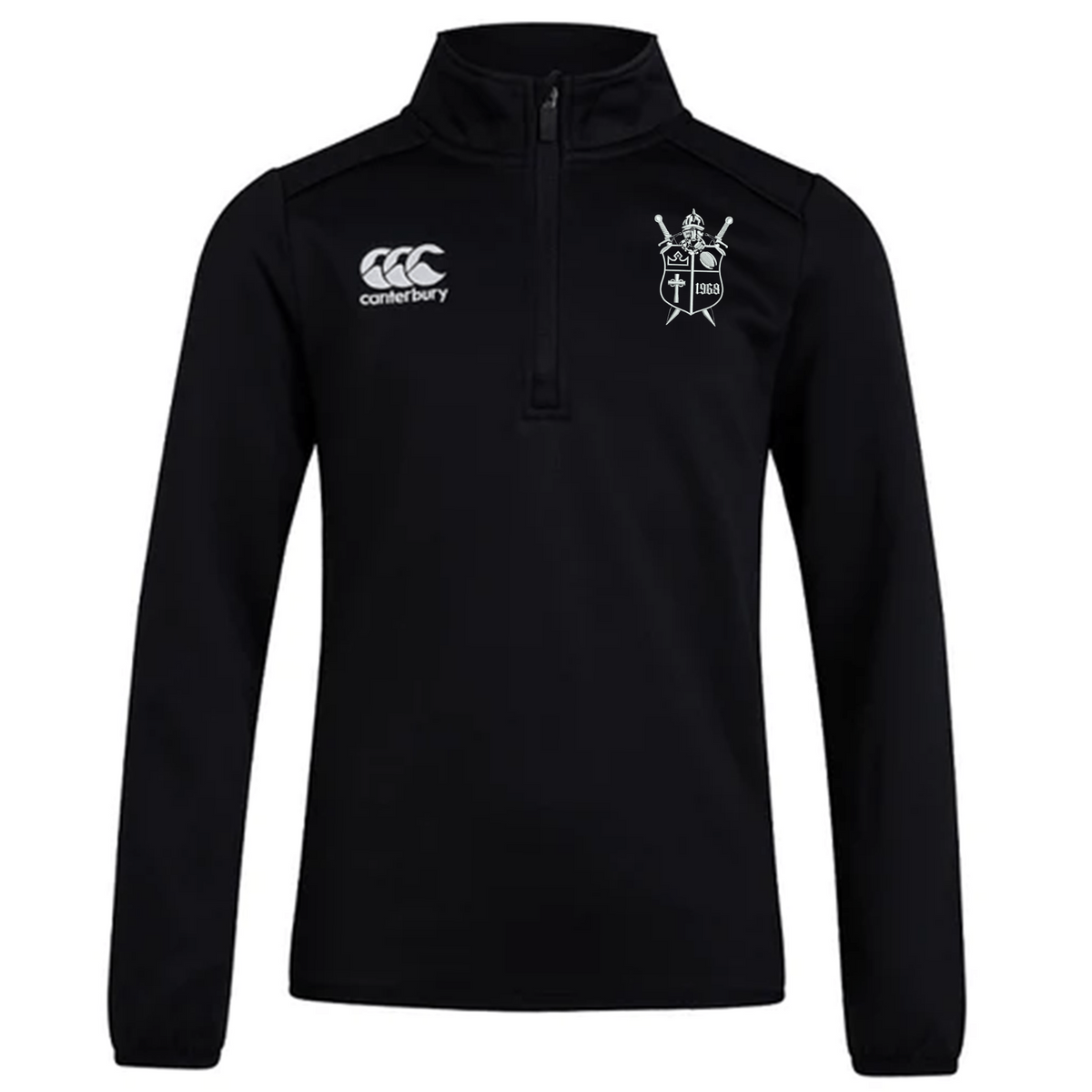 Black long-sleeved Cal Lutheran University Club 1/4 Zip Mid Layer Training Top by Canterbury featuring a brand logo on the right chest and a university crest on the left chest.
