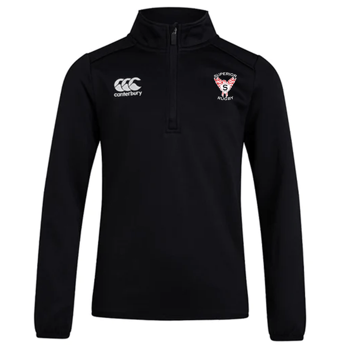 The Superior Rugby Club 1/4 Zip Mid Layer Training Top by EMB Canterbury features a black fleece design with club and Canterbury logos. Ideal for rugby training or daily wear, it offers comfort and style.